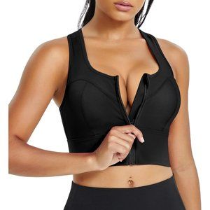 Women's Zip Front Closure Sports Bra Longline Racerback Workout Crop Tank Tops